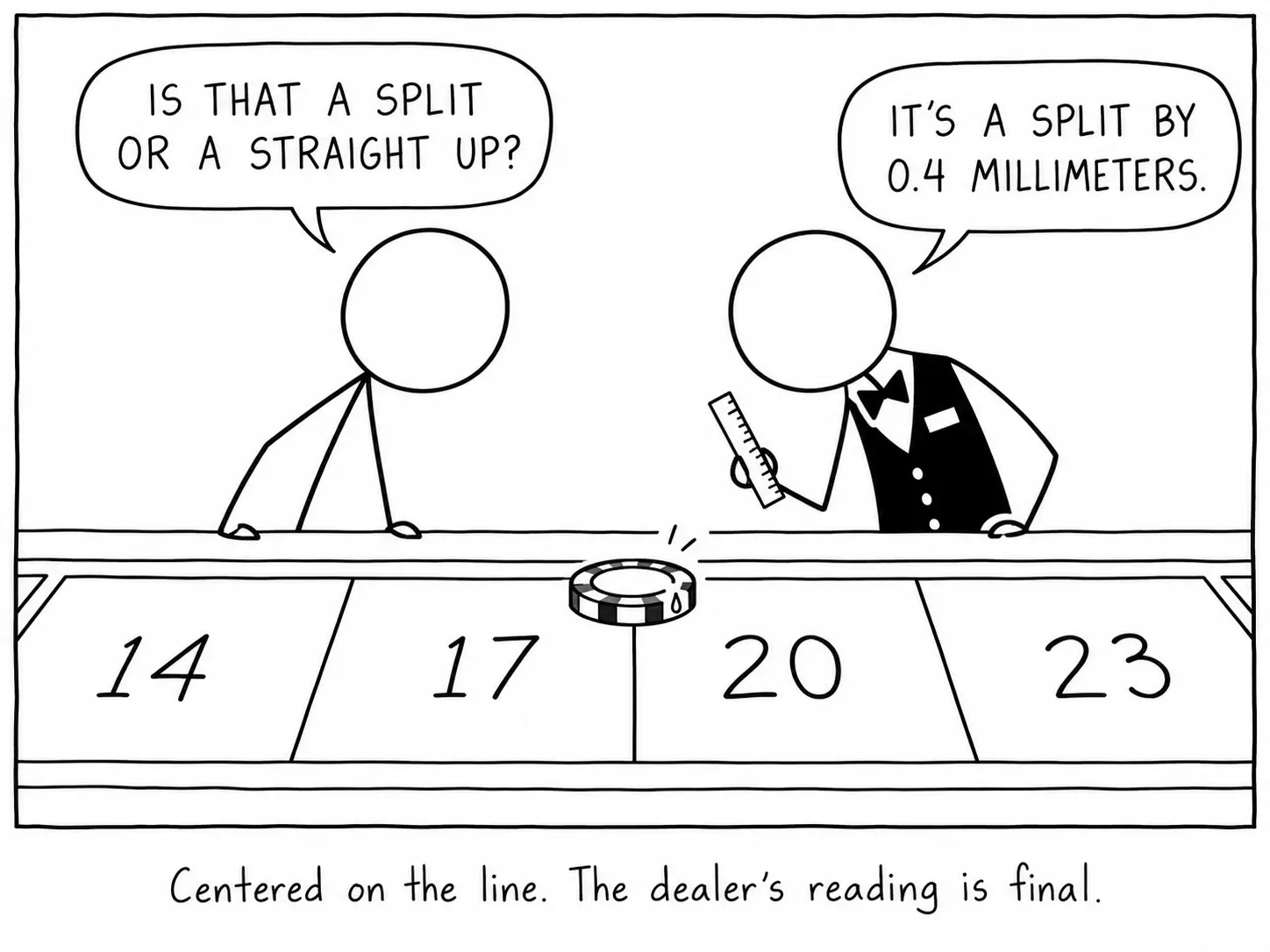 Centrada na linha. A leitura do croupier é definitiva.
