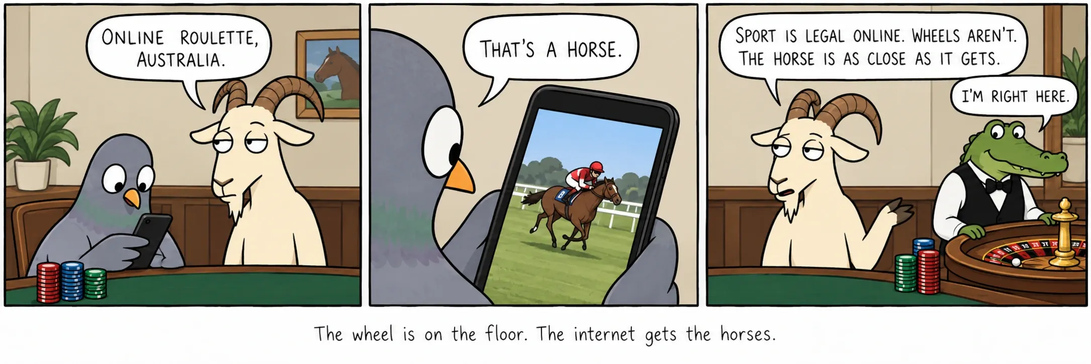 A roda fica na sala. A internet fica com os cavalos.