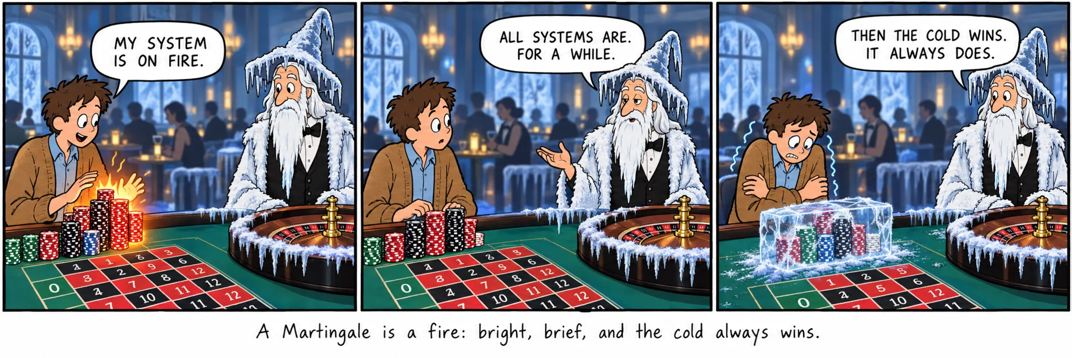 A Martingale é uma fogueira: brilhante, breve, e o frio ganha sempre.