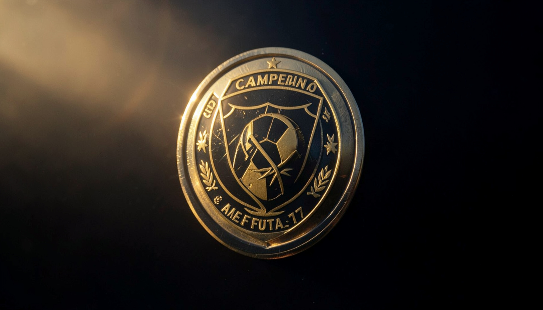 Taça de campeão nacional de futebol 7 sobre fundo escuro, com detalhes dourados a brilhar sob luz suave
